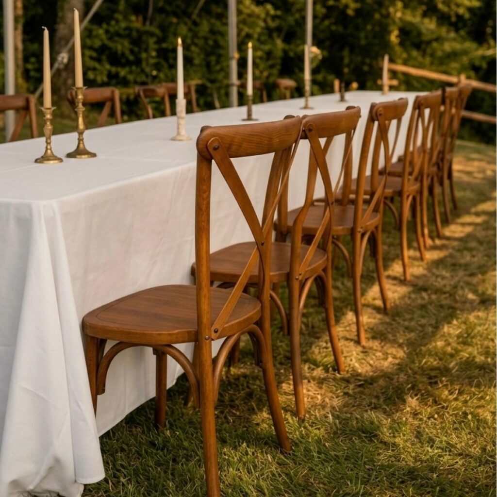 Location chaise dos croisé résine effet bois marron dans le Pays d'Auge lors d'un mariage par l'Agence LDMN